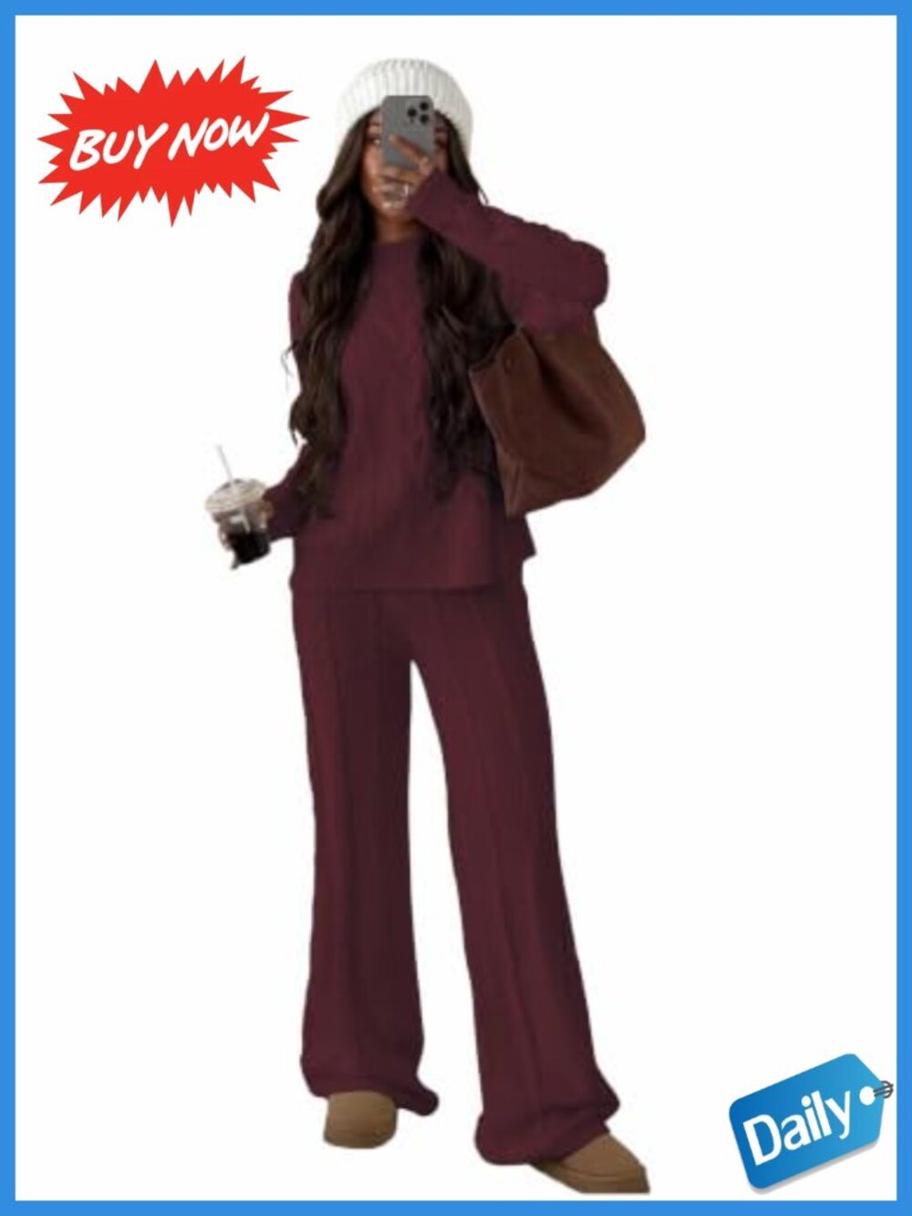 Cable Knit 2 Piece Sweater Set Crew Neck Wide Leg Pants Lounge Set